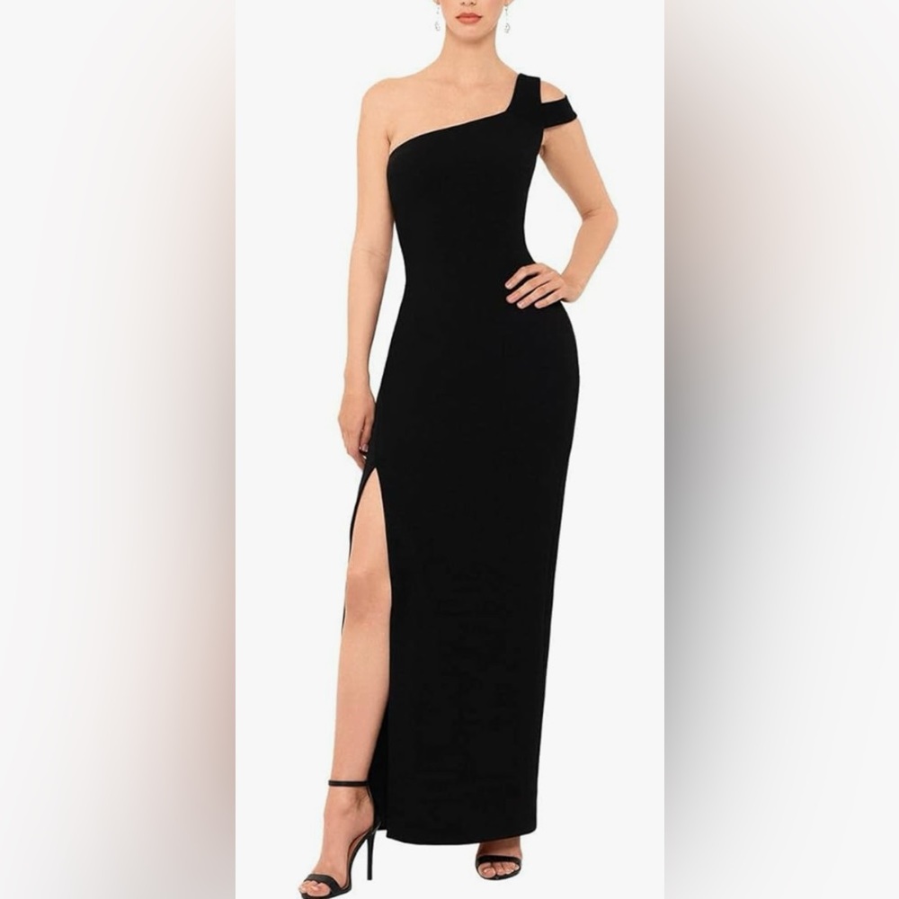 Betsy & Adam black one shoulder evening gown